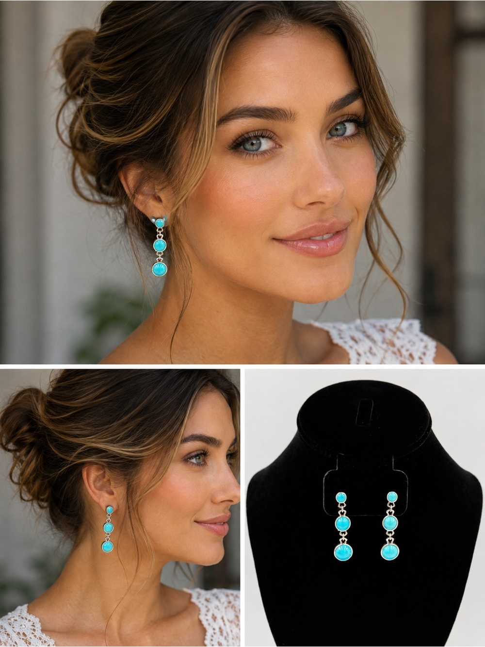 Vintage Whitney Kelly Three-Tier Turquoise Drop 925 Earrings - Women Jewelry
